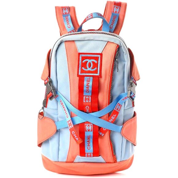 Authentic CHANEL CC Sport Line Nylon Backpack Bag Multicolor Blue Red Vintage - Picture 1 of 11